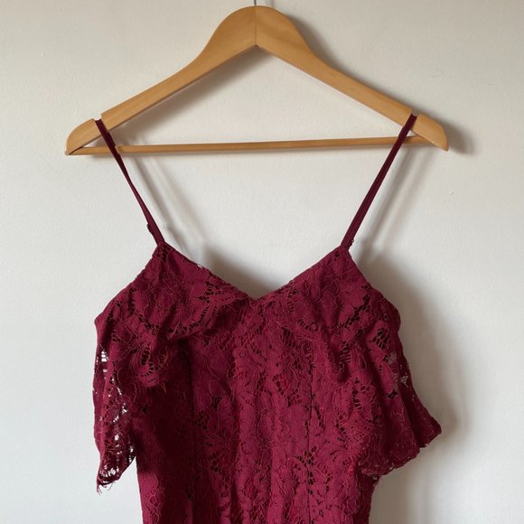 Boohoo Lace Open Shoulder Midi Dress Red Burgundy Sz 4 - Picture 5 of 11